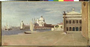 Vista do Grande Canal, Veneza, da Riva degli Schiavone, 1828 (óleo sobre papel colocado na tela) de Jean Baptiste Camille Corot